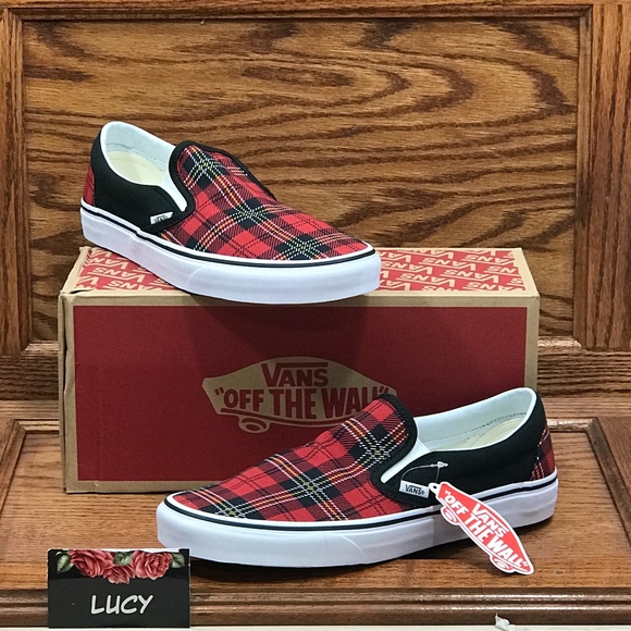red plaid vans slip on